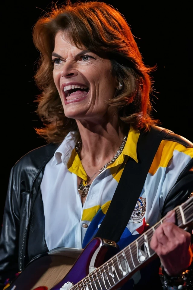 lisa murkowski <lora:politician_003_lisa_murkowski:0.65> face closeup, face focus, shirt, formal, suit, collared shirt, white shirt, jacket,
Senate Rockstar: Dressed in leather pants, a rock band t-shirt, and sunglasses, holding an electric guitar on a stage with flashing lights and a cheering crowd in the background,
best quality, masterpiece, HDR, professional, studio quality, highres,