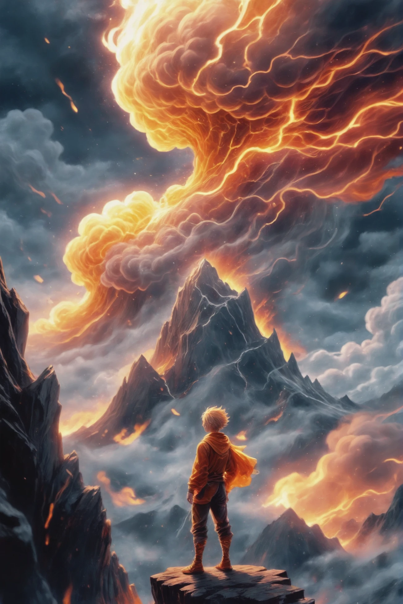 anime style, vibrant color palette, volcanic ash, glowing hot tendrils, full body, character concept art, (full body:1.2), 1boy, man, masculine, solo, [:creative costume design,:0.2] alchemist, albino, vivid chocolate hair, (slim:1.1) build, noon, blue sky, clouds, architecture, Hilltop monastery in Bhutan in a Subsurface Frozen Sea<lora:EnvyStarlightDreamfire01:1>