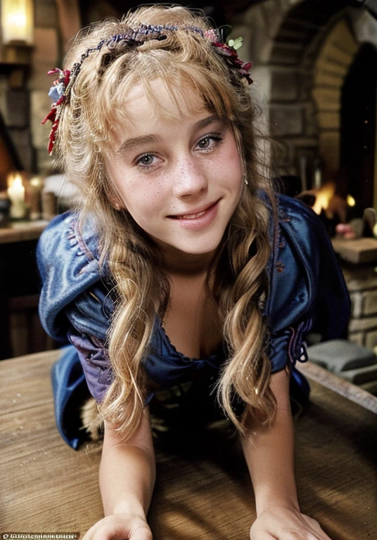 bunnieblue123, (night:1 3), a photo of a (22year old woman:1 3), a flirty smile, in a medieval inn, sitting at the table, medieval princess, she has a mystical appearance with fair skin and light freckles, the hair into a traditional braid, in medieval winter clothing, a coat, she has a very petite figure and an elegant appearance, highly detailed face, (middle ages:1 1), skinny, long legs, a scene of a hollywood, movie, highly detailed background, a winter scene, its cold a medieval winter village, <lora:breastsizeslideroffset:-0.5>, <lora:bunnieblue123-15:1>,