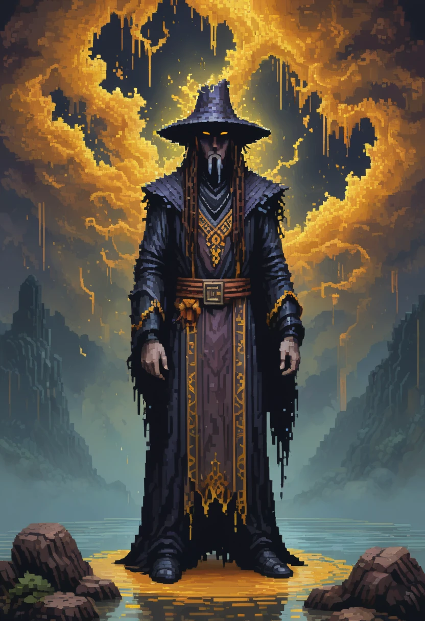 detailed, spellbinding potrrait of a spirit, warlock's well monsoon, simple and clean, pixel art, 50mm, cherry and turmeric hue