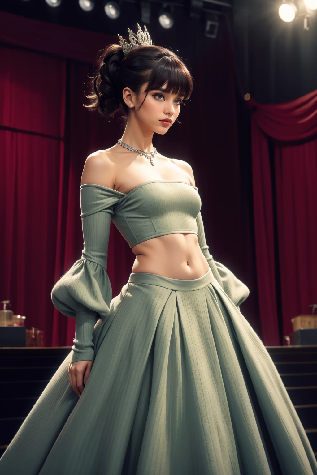 cinematic film still  beautiful Roman:1.3  adult woman, best quality, high quality, highres, 8k, high detail <lora:2-ZDRHOS-42:0.7> Belle \(disney\), auburn styled hair, yellow:1.2 ballgown,yellow petticoat, French fashion, hair bow ribbed:1.2 cotton knit dress, full body, (halter shoulder straps), (midriff leather tight corset:1.1), sleeves past wrists, detached sleeves, Visual Kei dramatically theatrical fashion, infused with the fantastical elements characteristic of Manish Arora's designs, set against moody, intricately designed stage like settings posing, bangs, ((dark hair)) long high ponytail, [tiny crown] eyeliner, eyeshadow, makeup, iridescent lips, necklace  . shallow depth of field, vignette, highly detailed, high budget, bokeh, cinemascope, moody, epic, gorgeous, film grain, grainy