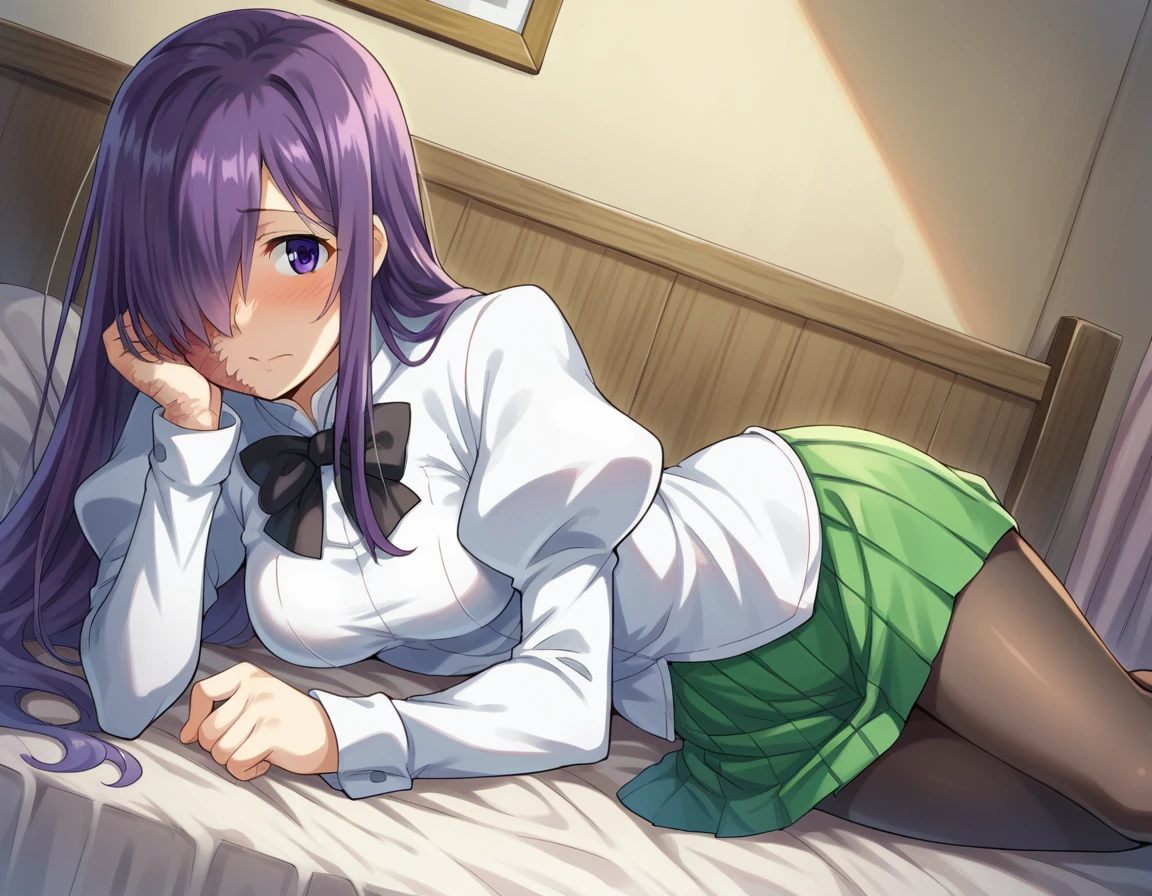 score_9, score_8_up, score_7_up, source_anime,
hanakoikezawa, <lora:hanako-ikezawa-ingame-ponyxl-lora-nochekaiser:1>,
hanako ikezawa, hair over one eye, long hair, purple eyes, purple hair, scar,
pantyhose, school uniform, skirt, shirt, long sleeves, white shirt, juliet sleeves, green skirt, pleated skirt, bow, bowtie, black bowtie,
indoors, bed, bed room, on side, blush, drunk,
looking at viewer, cowboy shot, dutch angle, solo,