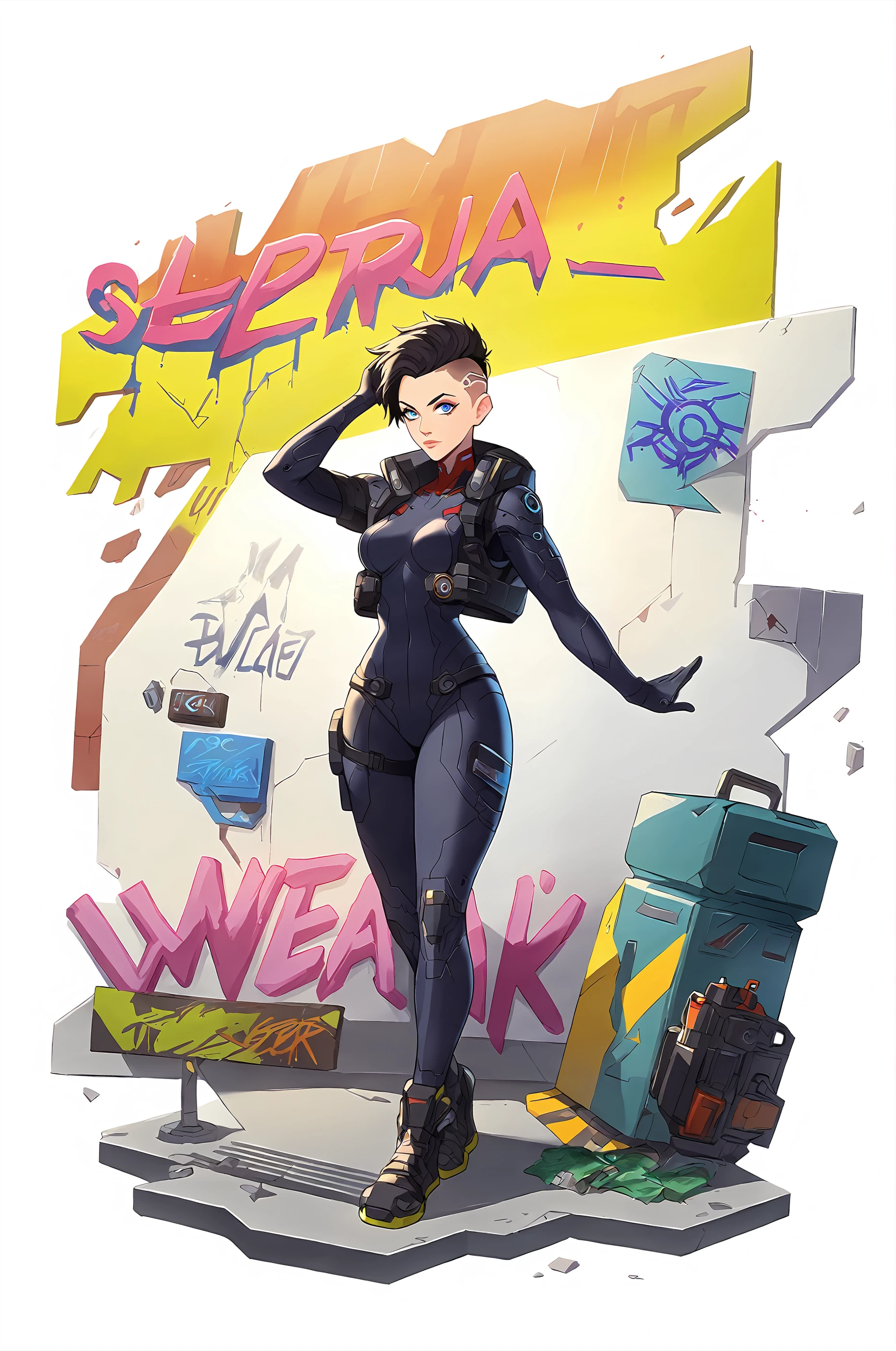 score_9,
<lora:gachasplash_v1_pruned:1>, white background, full body, 
1girl, solo, undercut, black hair, 
cyber, cyberpunk, science fiction, bodysuit, neon, black, graffiti,
high resolution, Masterpiece