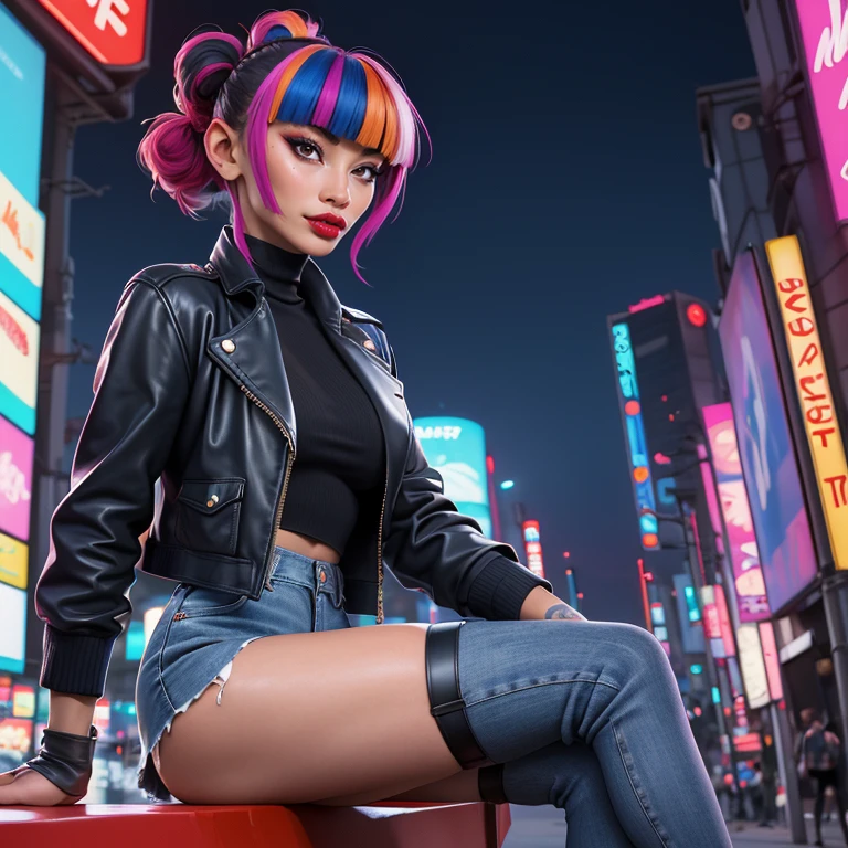 best quality,masterpiece,dynamic angle,wallpaper, bai ling as Bazlunipa woman <lora:Bazlunipa:1>, torn_thighhighs,doc_martens,leather_jacket,turtleneck_sweater,neck_tattoo,denim_skirt, colorful multicolored hair, background (neo tokyo ), pulpous red lips,