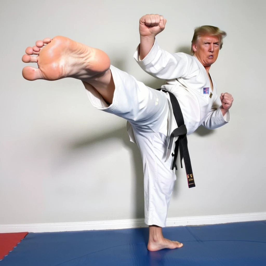 A Donald John Trump, including a black belt, is performing a high kick.   <lora:kickGirl:0.7>,soles of feet