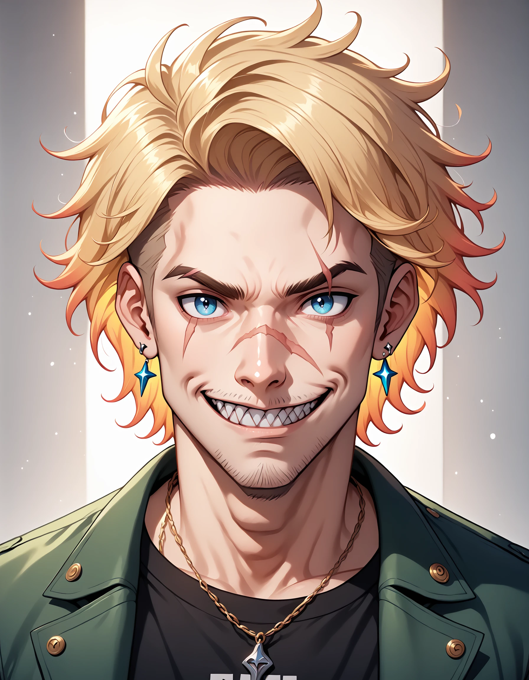 dspdxslme, looking at viewer, smile, blonde hair, shirt, 1boy, jewelry, jacket, upper body, male focus, multicolored hair, earrings, teeth, necklace, grin, black shirt, gradient hair, facial hair, scar, sharp teeth, stubble, PonyXLV6_Scores, <lora:NijiSlimePDXL:0.8>