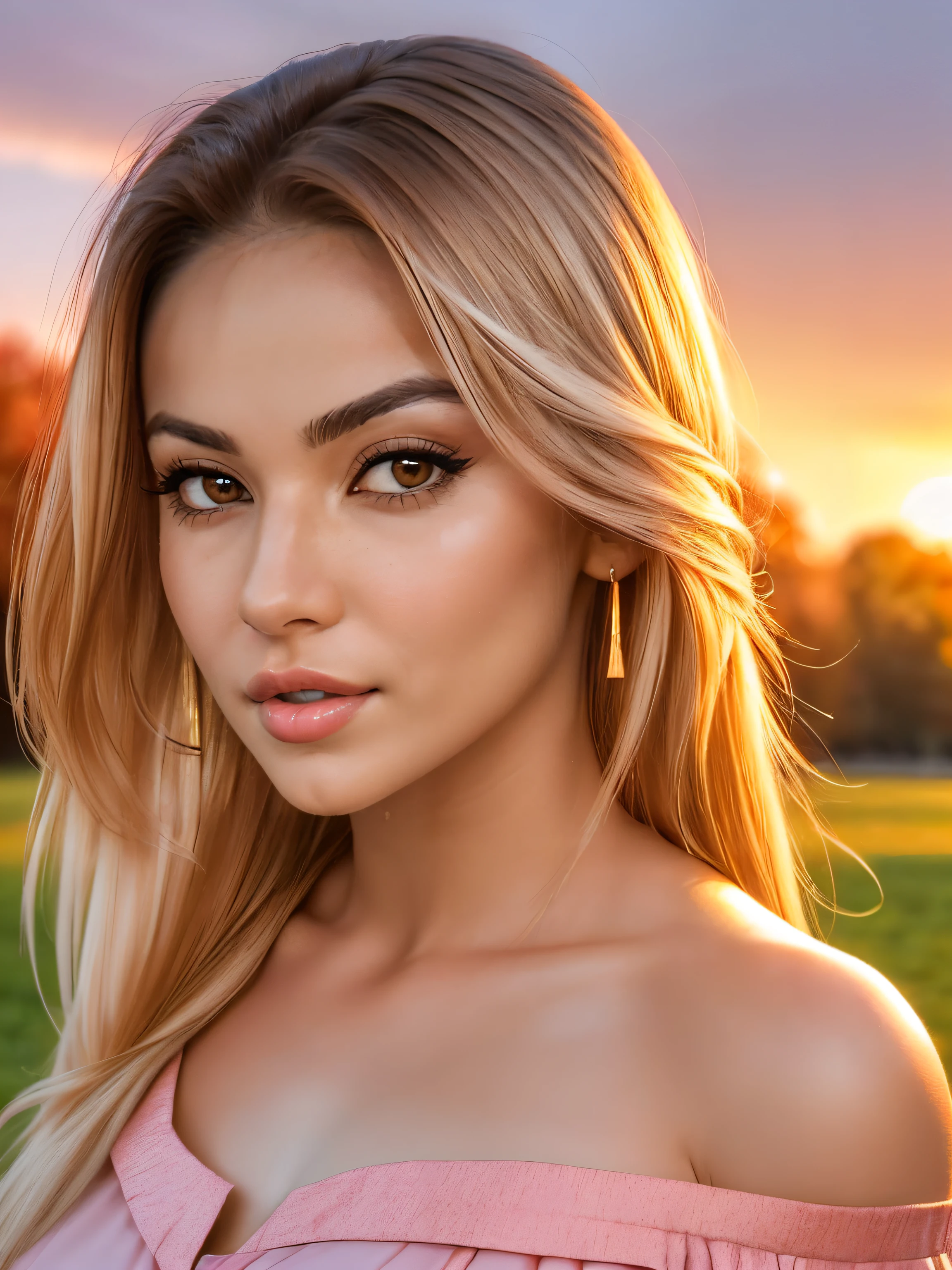 ((closeup portrait:1.2)) of a beautiful woman, ch3k1ss long straight hair, (wearing off shoulder blouse:1.2), city park, autumn, vibrant, sunset,,,, HDR,  hard shadows, award winning photo,  <lora:ch3k1ss-000007:1>