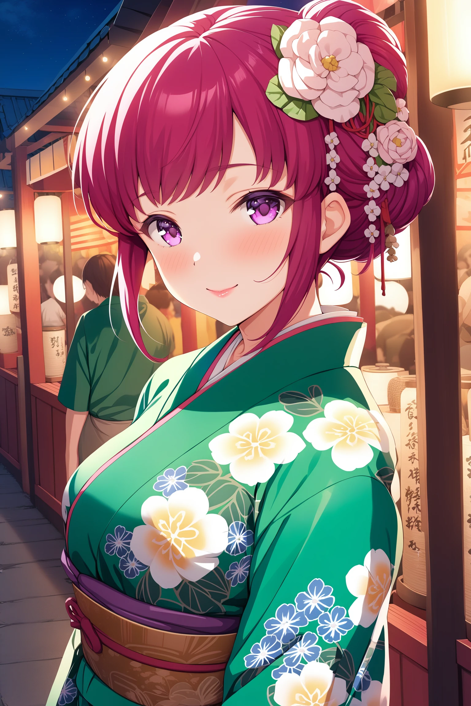 (masterpiece, best quality, very aesthetic, ultra detailed), intricate details, highly detailed background, perfect lightingbest quality, asamikei, solo, oudoors, night, summer festival, pink hair, hair bun, hair flower, short hair, sidelocks, purple eyes, medium breasts, green kimono, floral print, japanese clothes, smile, closed mouth, pink lips, <lora:Asami-Kei:0.7>