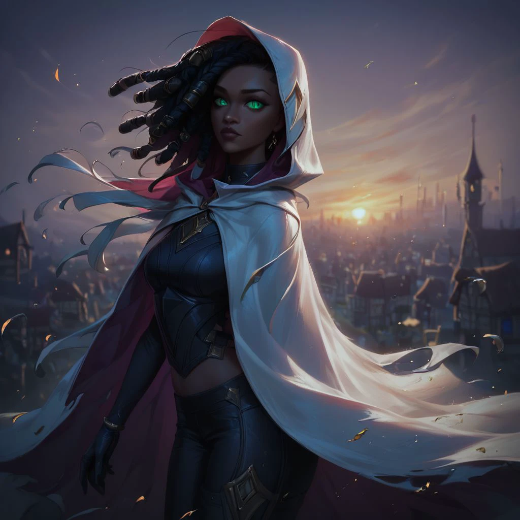 (((beautiful, hyper realistic, high quality))), portrait, score_9, score_8_up, score_7_up, realistic, 
1girl, dark skin, green eyes, black dreadlock, black top, long black gloves, white hooded cape, black pants,
town background, dark background, sunset, cinematic light, dramatic light, Wind, particles, depth of field