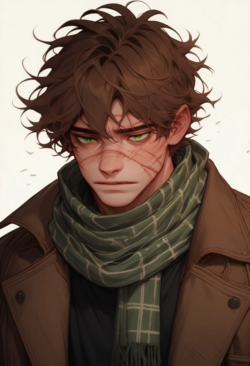 score_9, score_8_up, score_7_up, score_6_up, score_5_up, score_4_up man,brown hair, green eyes,stitches, scars on face, scarf,shirt,coat  close up, depressed