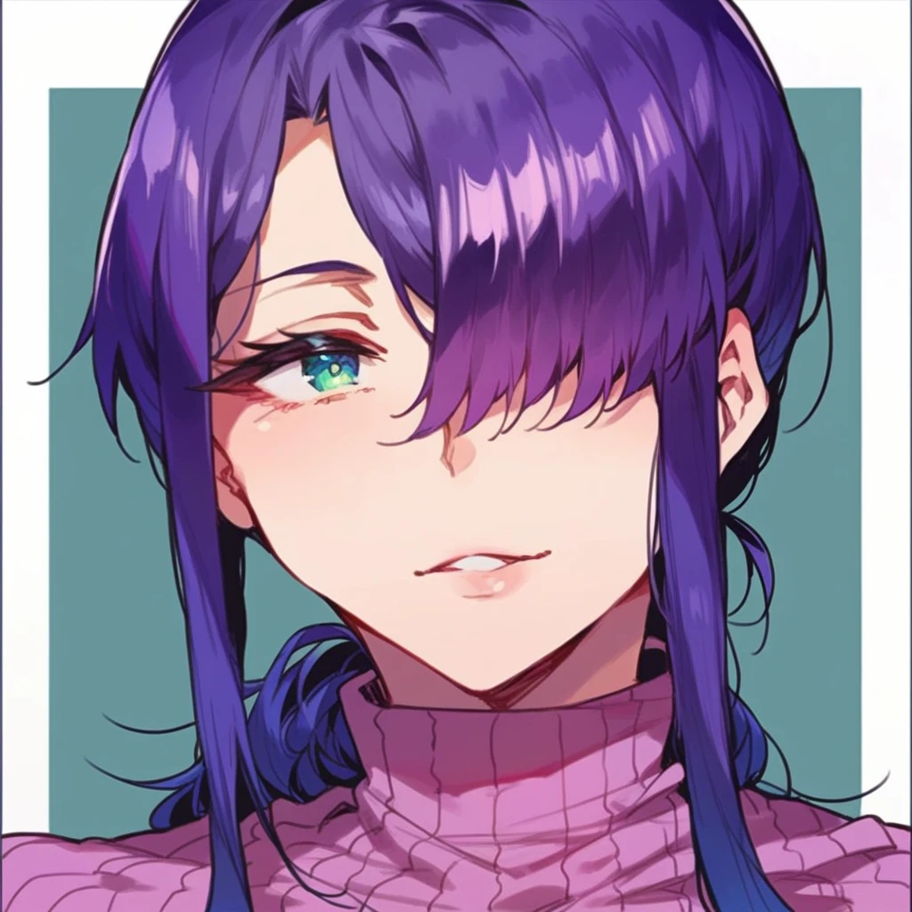 score_9, score_8_up, score_7_up,  <lora:r3n4n4:1> r3n4n4,1girl,solo, looking at viewer, turtleneck, hair over one eye,purple hair,portrait