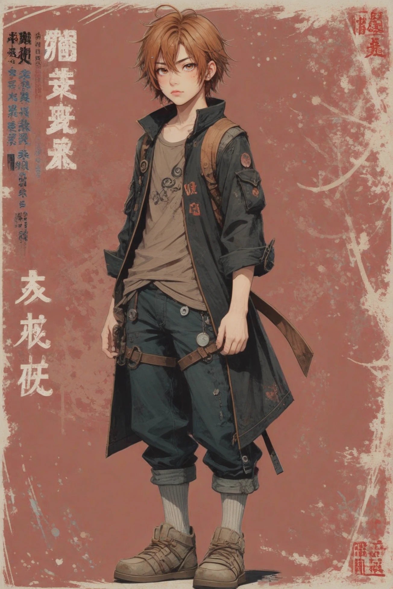 anime style, full body, character concept art, (full body:1.2), 1boy, man, bishounen, solo, [:creative costume design,:0.2] adventurer, japanese, sienna hair, (solid:1) build, cyber-grunge background<lora:EnvyStarlightCyberGrunge01:1>