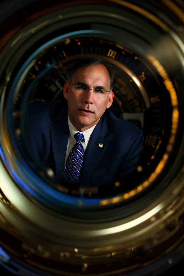 john boozman <lora:senate_007_john_boozman:0.65> , face closeup, face focus, shirt, formal, suit, collared shirt, white shirt, jacket,
Dressed in a steampunk outfit,large clock or time machine device, set against a backdrop of a swirling vortex,
best quality, masterpiece, HDR, professional, studio quality, highres,