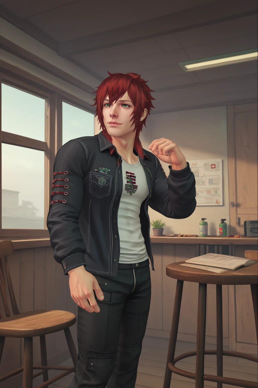 PonyXLV6_Scores , rnxdkxlz, 1boy, jacket, male focus, open clothes, open jacket, shirt, indoors, jacket, pants, railing, hands up, red hair, green eyes, solo, stool, table , <lora:RanaHXV:0.8>