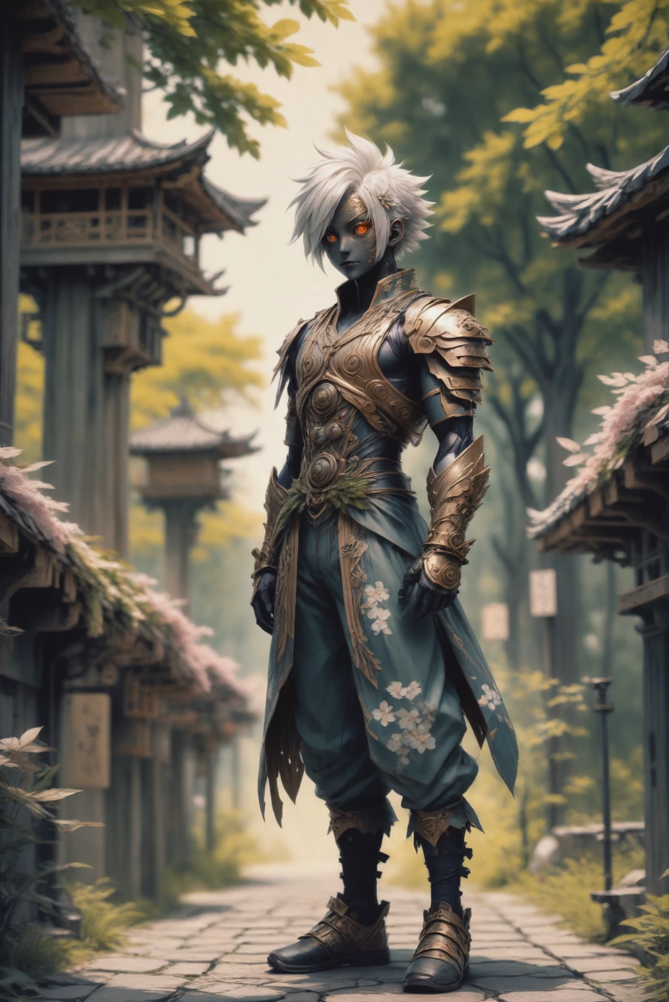 anime style, bronze forest automaton, full body, character concept art, (full body:1.2), 1boy, man, masculine, solo, [:epic costume design,:0.2] engineer, yukata, caucasian, floralwhite hair, (muscular:1) build, noon, architecture, "at the Dystopian Archive"<lora:EnvyStarlightBronzeOrder01:1>