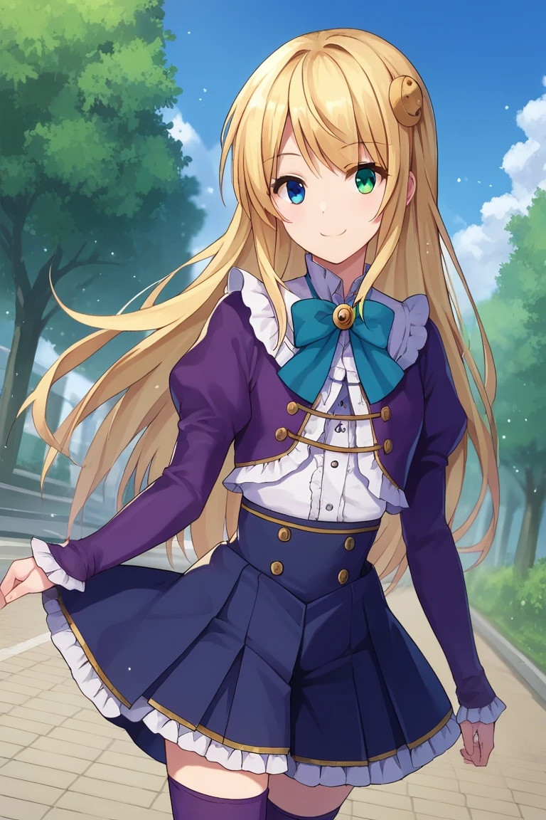 score_9, score_8_up, score_7_up, score_6_up, score_5_up, score_4_up, source_anime, BREAK yumina, 1girl, solo, walking, looking at viewer, blonde hair, long hair, hair ornament, bangs, heterochromia, green eyes, blue eyes, smile, frills, shirt, white shirt, blue ribbon, brooch, striped clothes, center frills, buttons, jacket, cropped jacket, purple jacket, puffy sleeves, long sleeves, skirt, high-waist skirt, pleated skirt, purple skirt, purple thighhighs, zettai ryouiki, cowboy shot, dutch angle, outdoors, park, day, blue sky, cloud,
<lora:Yumina_PonyXL_v1:0.8>