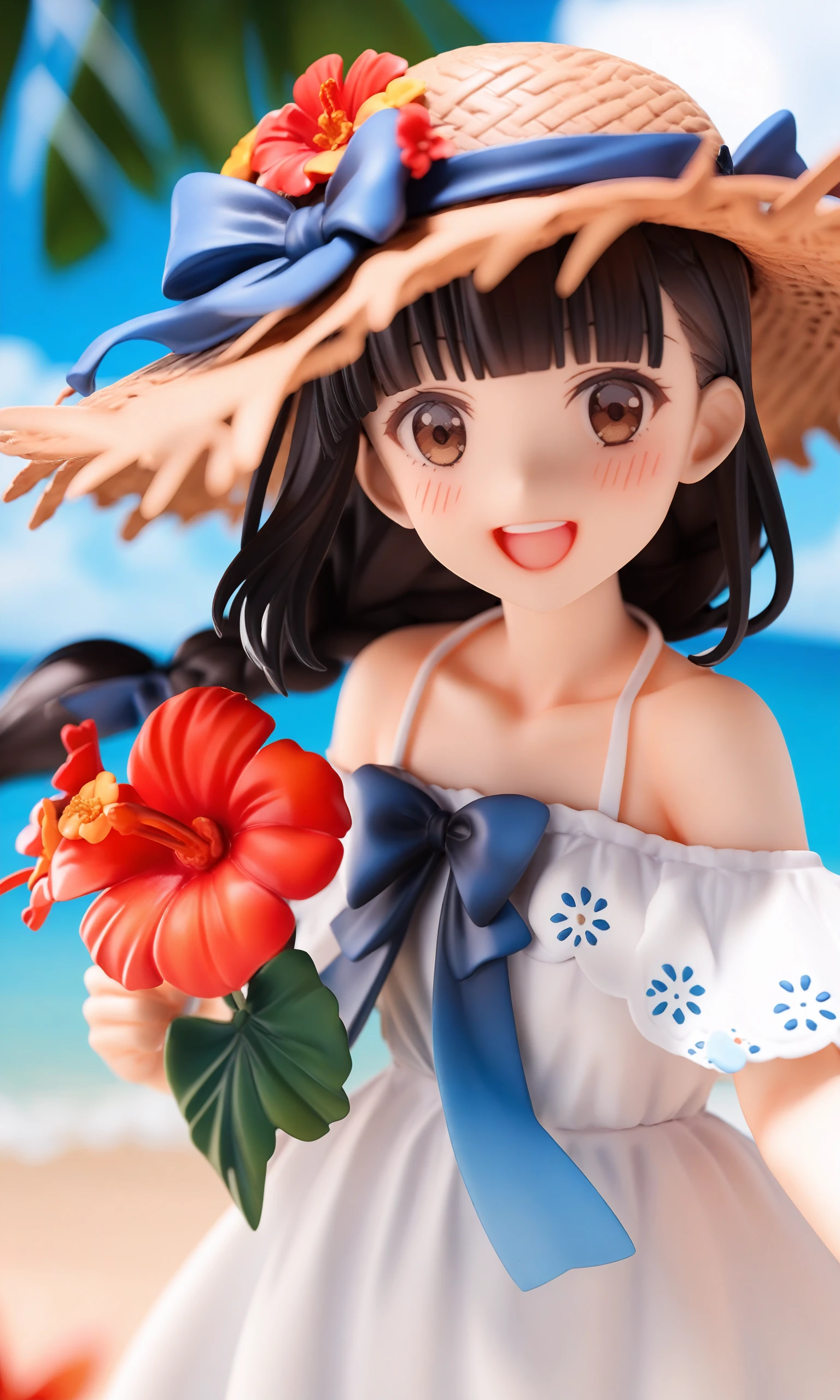 score_9,score_8_up,score_7_up,score_6_up,score_5_up,score_4_up,source_anime,
1girl,hat,outdoors,solo,black hair,camera,flower,smile,braid,open mouth,dress,beach,day,brown eyes,holding,looking at viewer,sky,cloud,white dress,holding camera,blush,upper body,long hair,hibiscus,:d,red flower,ocean,blunt bangs,bow,straw hat,hair bow,blue sky,bare shoulders,sun hat,collarbone,brown headwear,teeth,hat flower,single braid,blue bow,