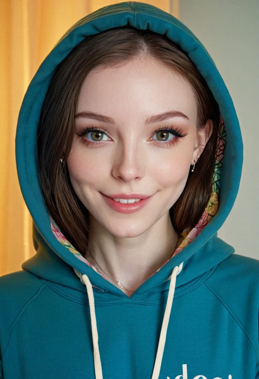 	Dainty, wearing hoodie, smile, eyeliner, eye makeup, pale skin, 8k, very detailed