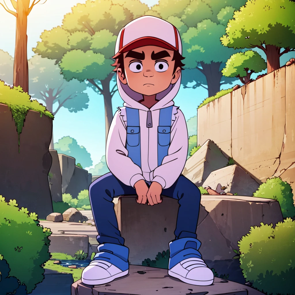 solo,  1boy, Jake,  brown hair, short hair,  thick eyebrows, black eyes,  red cap,   blue vest, white hoodie, hood up, <lora:Jake_SubwaySurfers_Leaf3:0.8>  , cowboy shot,  looking at viewer,  expressionless, sitting, sitting on rock