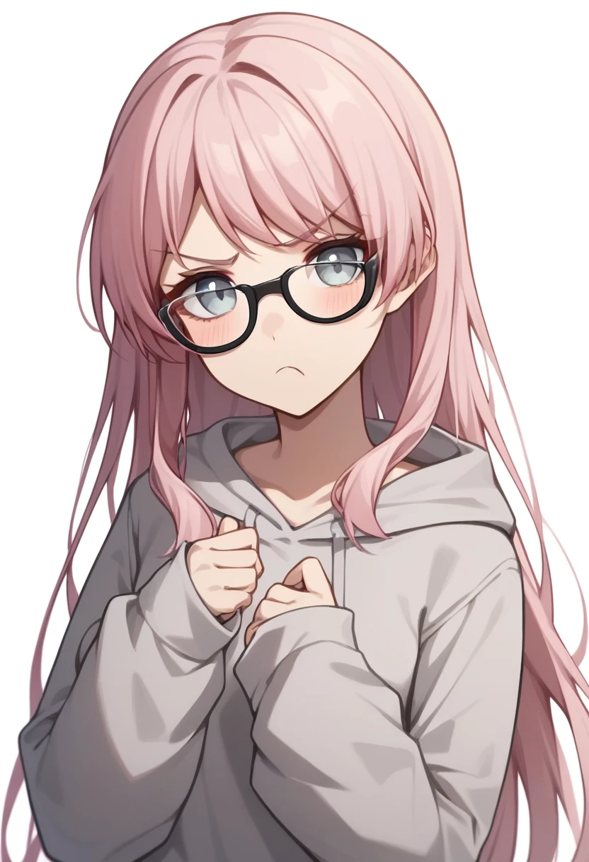 score_9,score_8_up,score_7_up,<lora:chihaya_anon_pony:1>,1girl,solo,upper_body,blush,glasses,highres,white_background,pout,looking_at_viewer,hood_down,symbol-only_commentary,grey_hoodie,closed_mouth,sleeves_past_wrists,chihaya_anon,puffy_sleeves,simple_background,long_sleeves,