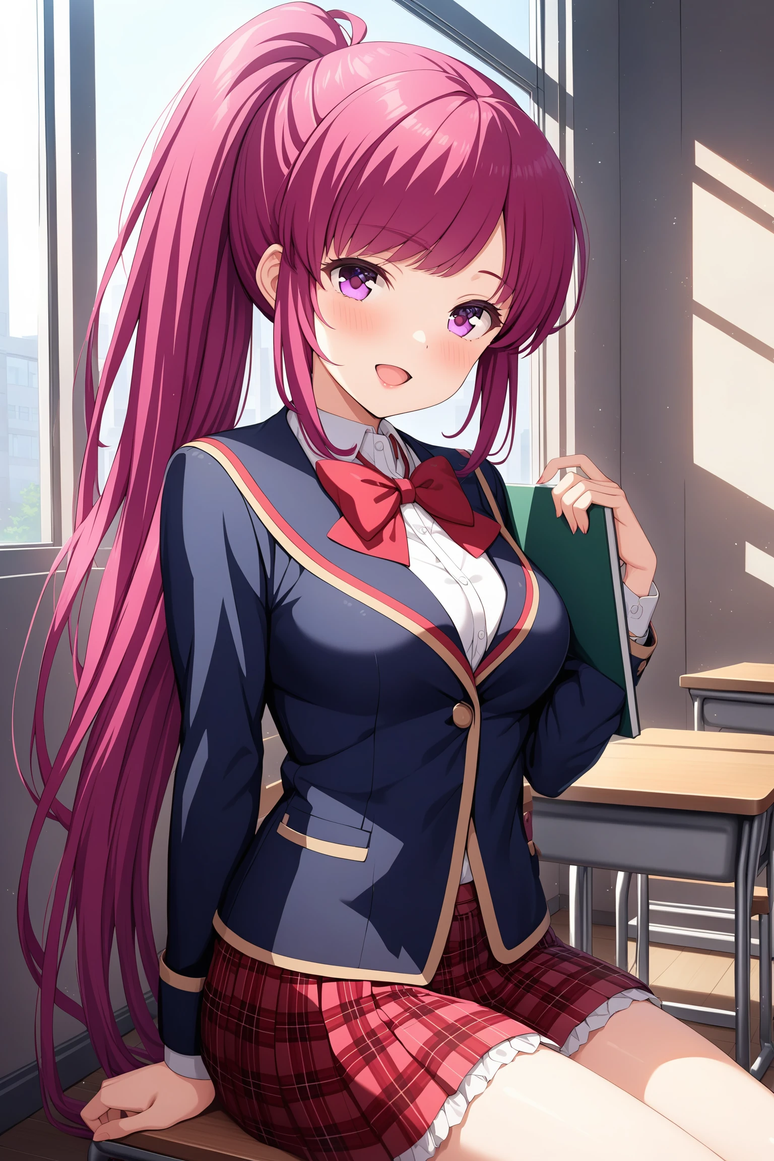 (masterpiece, best quality, very aesthetic, ultra detailed), intricate details, highly detailed background, perfect lightingbest quality, asamikei, solo, indoors, classroom, pink hair, ponytail, very long hair, sidelocks, purple eyes, medium breasts, blue jacket, blazer, red bowtie, white shirt, red skirt, plaid skirt, school uniform, smile, open mouth, :d, pink lips, <lora:Asami-Kei:0.7>