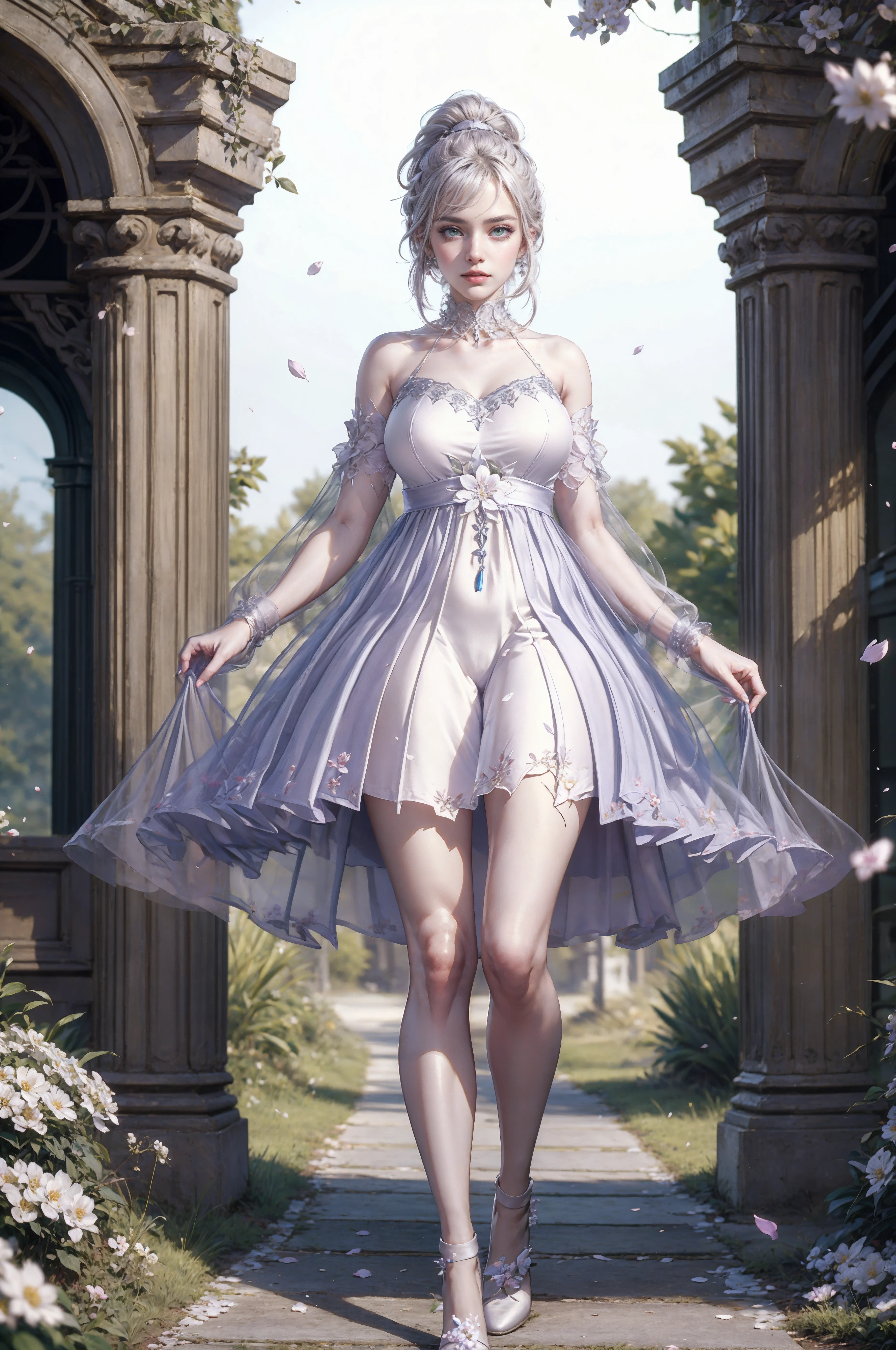 LAMageAdv, stunning woman wearing LAMageAdv, <lora:LAMageAdv:0.8>, (gray hair:1.2), high ponytail, BREAK, hair moved by wind, walking, mid-step, stretched arms, forest, ((white trees, white flower petals, white falling petals):1.3), (white background:1.2), (white and violet theme), BREAK, (masterpiece:1.4), (4k:1.2), (extreme resolution:1.2), (highly intricate:1.2), (studio quality:1.2), (extremely detailed:1.2), (beautiful and aesthetic:1.4),
