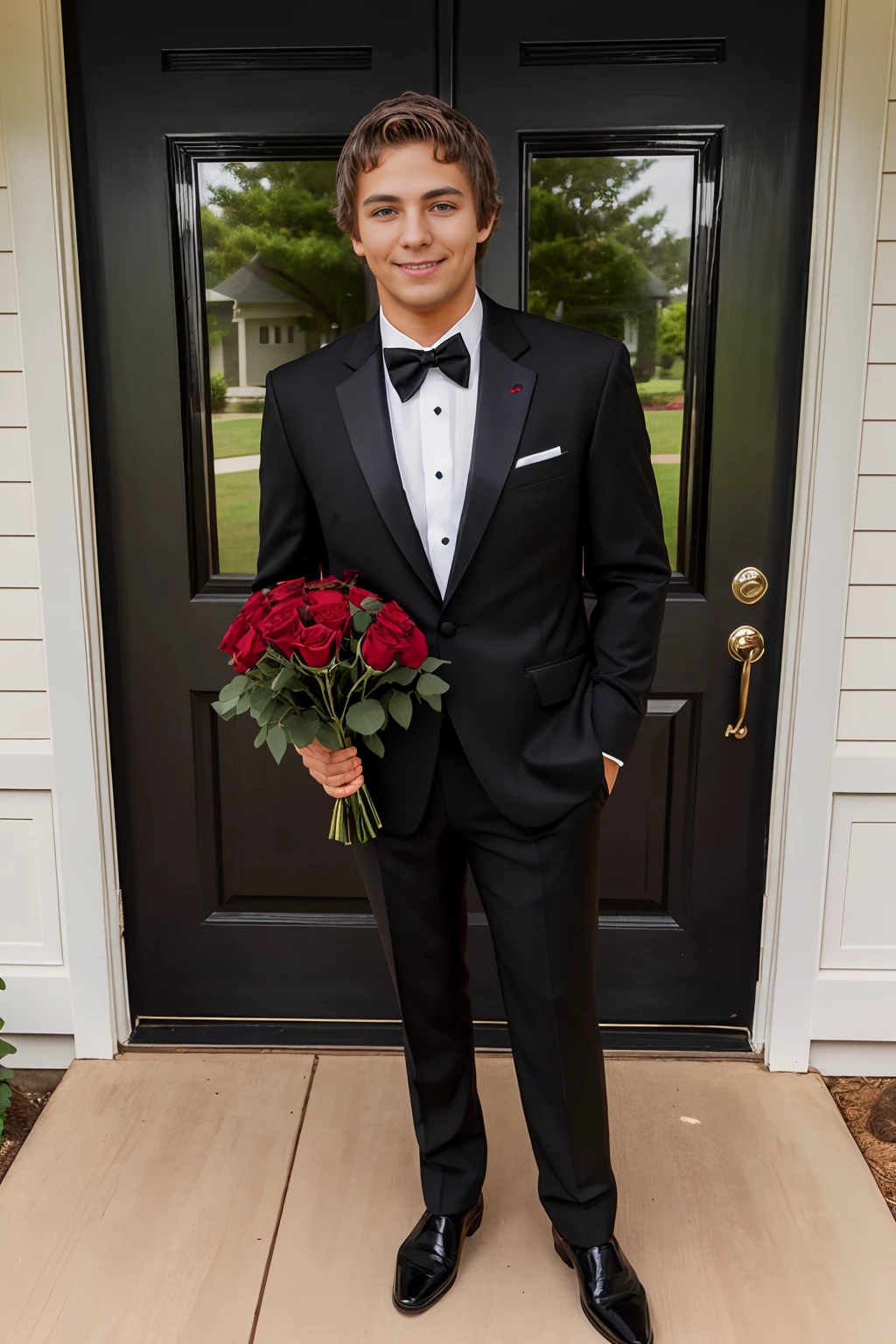 standing on a front porch, smiling, CFElijah wearing a black tuxedo, holding a bouquet of red roses, (((full body portrait))), wide angle   <lora:CFElijah:0.8>