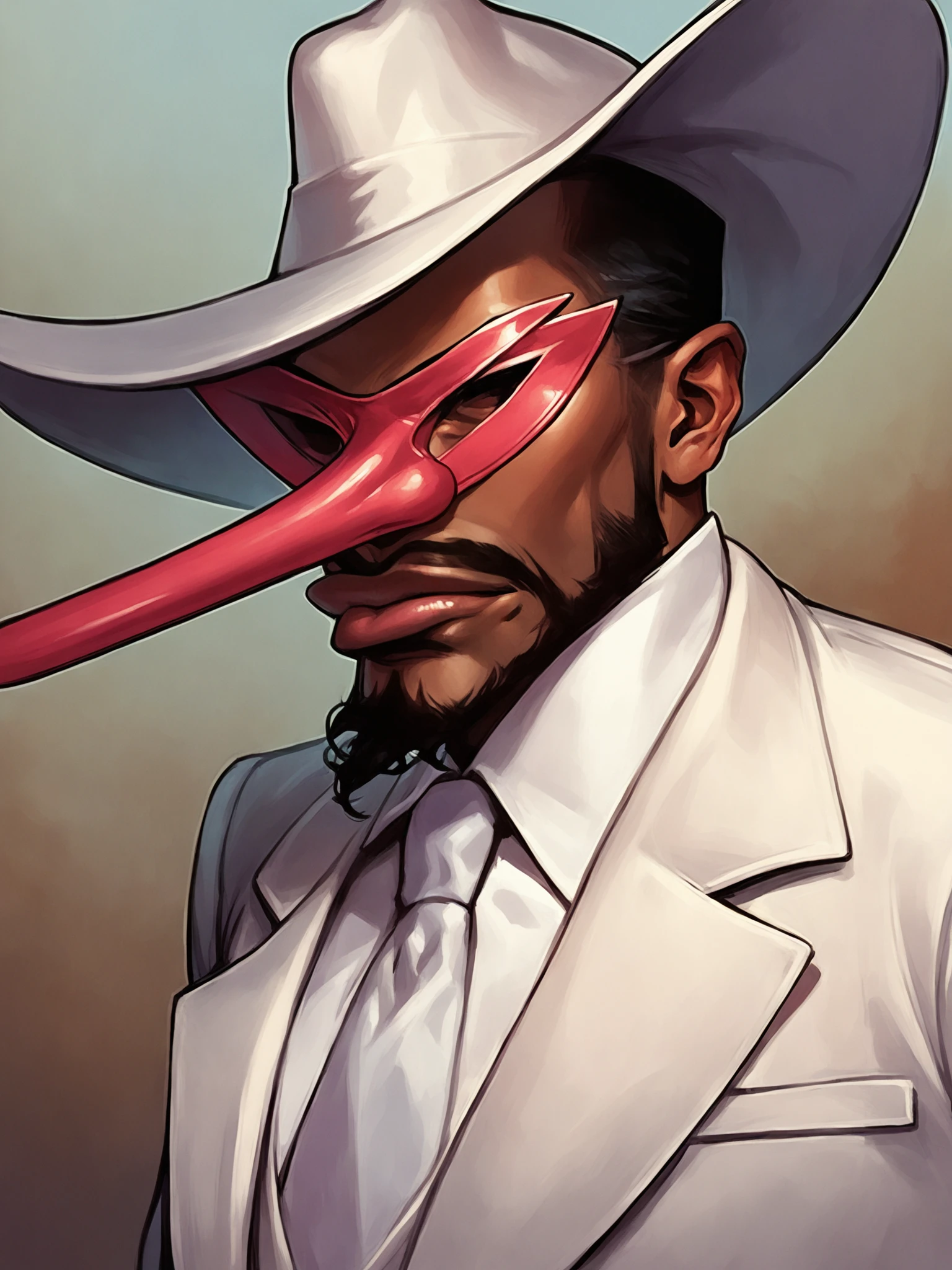 score_9, score_8_up, score_7_up, score_6_up, score_5_up, score_4_up, rating_safe,

sir nose, 1boy, solo, mask, hat, goatee, black hair, lips, dark-skinned male, white suit, close up, detailed face