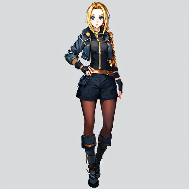 full body shot, solo,  <lora:mirageKoas:0.7> mirage_koas, blonde hair, long hair, braid, single braid, braided ponytail, parted bangs, blue eyes, jacket, open jacket, shirt, high collar, belt, fingerless gloves, wristbands, shorts, pantyhose, boots, simple background, standing, highres, Digital art, trending on artstation, best quality, insanely detailed, masterpiece, stunning environment, wide-angle,