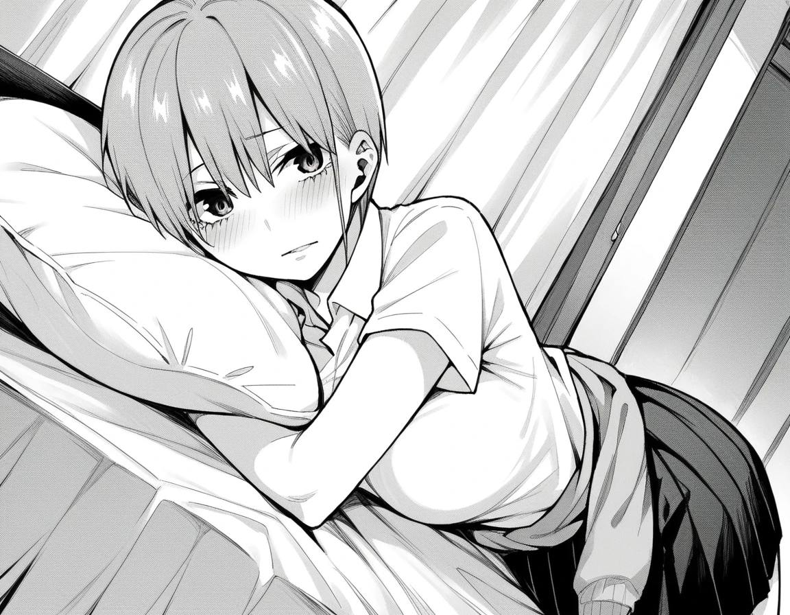 score_9, score_8_up, score_7_up, source_anime,
ichikanakano, <lora:ichika-nakano-manga-ponyxl-lora-nochekaiser:1>,
ichika nakano, short hair, bangs, hair between eyes, monochrome, greyscale,
skirt, shirt, school uniform, white shirt, short sleeves, pleated skirt, collared shirt, sweater, clothes around waist,
indoors, bed, bed room, on side, blush, drunk,
looking at viewer, cowboy shot, dutch angle, solo, mature female,