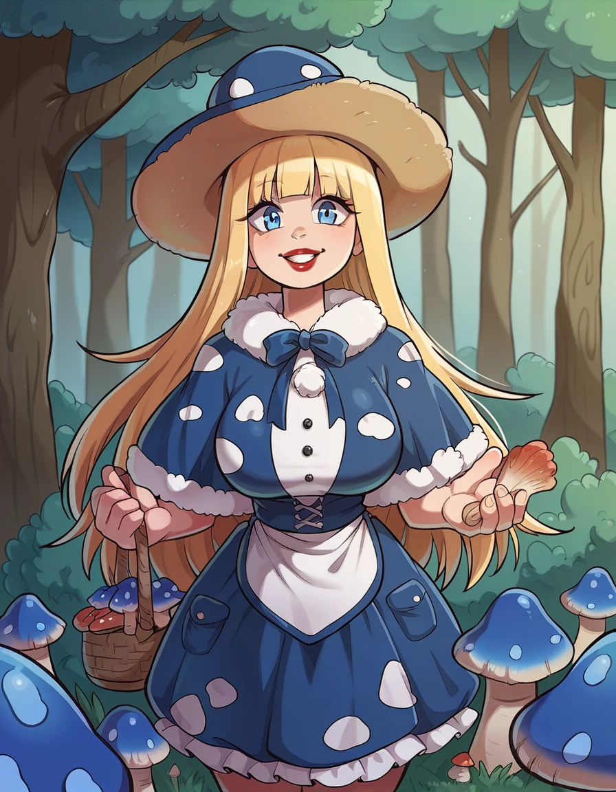 score_9, score_8_up, score_7_up, score_6_up, best quality, anime, 1girl, curvy, pale skin, long blonde hair, bangs, blue eyes,  large breasts, red lipstick, hud_mshrm_drss, blue mushroom hat, blue dress, brown spots, pom pom (clothes), blue and white fur-trimmed capelet, mushrooms, <lora:mushroom_dress:0.8>, standing, forest, front view, light smile, holding