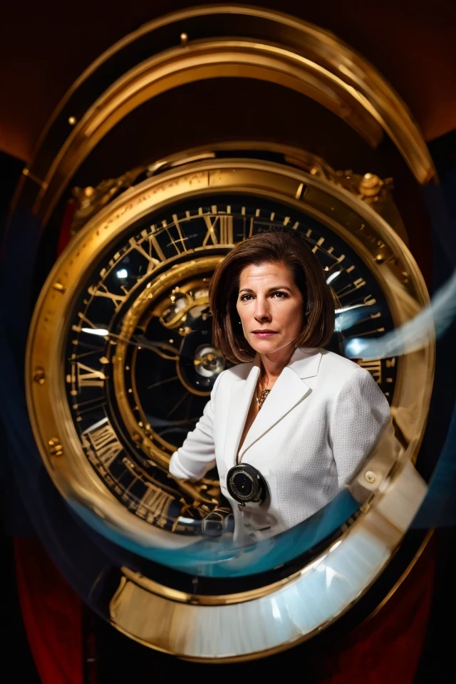 catherine cortez masto <lora:senate_055_catherine_cortez_masto:0.65> , face closeup, face focus, shirt, formal, suit, collared shirt, white shirt, jacket,
Dressed in a steampunk outfit,large clock or time machine device, set against a backdrop of a swirling vortex,
best quality, masterpiece, HDR, professional, studio quality, highres,