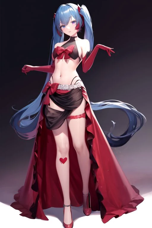 masterpiece, best quality, long dress, looking at viewer,  
hatsune miku, ambivalence (module), 1girl, skirt, red skirt, gloves, elbow gloves, red gloves, midriff, thigh strap, crop top, long hair, heart facial mark,
full body