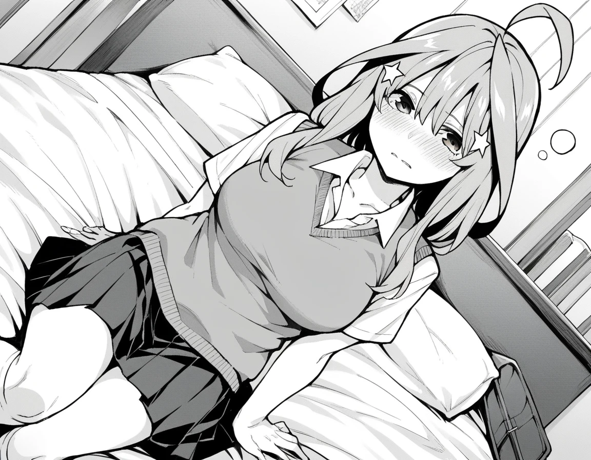score_9, score_8_up, score_7_up, source_anime,
itsukinakano, <lora:itsuki-nakano-manga-ponyxl-lora-nochekaiser:1>,
itsuki nakano, bangs, hair between eyes, ahoge, star \(symbol\), hair ornament, star hair ornament, monochrome, greyscale,
skirt, shirt, school uniform, collarbone, white shirt, short sleeves, pleated skirt, socks, collared shirt, miniskirt, kneehighs, white socks, sweater vest,
indoors, bed, bed room, on side, blush, drunk,
looking at viewer, cowboy shot, dutch angle, solo, mature female,