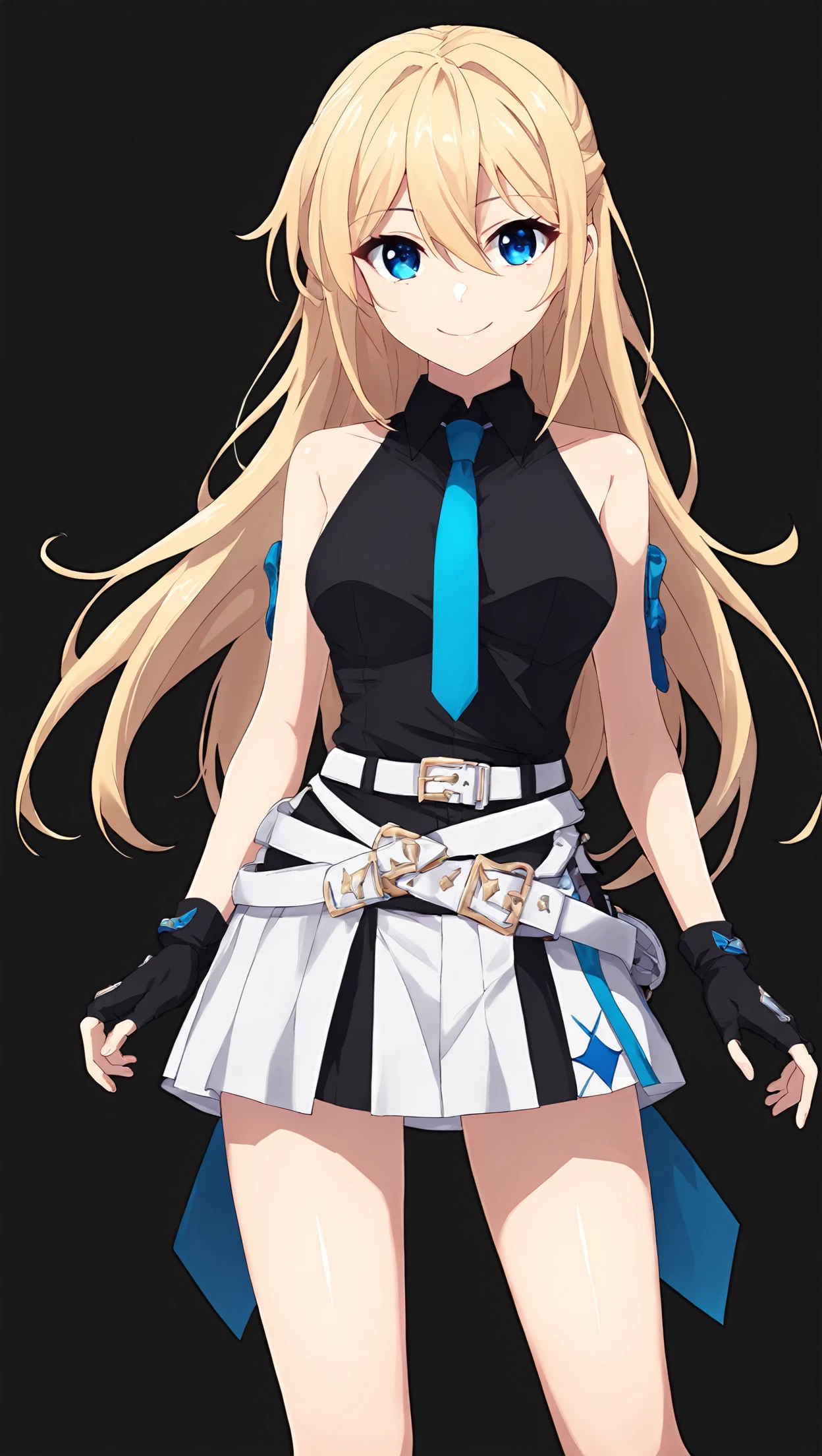 score_9, score_8_up, score_7_up, 
 <lora:heronever_astel.pony.v1-000007:0.4>
astel, 1girl,solo,blond hair, long hair, blue eyes,
stdoutfit black shirt black kneehighs  bare shoulders break white skirt white belt fingerless gloves smile happy blue necktie
standing, facing viewer, looking at viewer, 
simple background, black background,