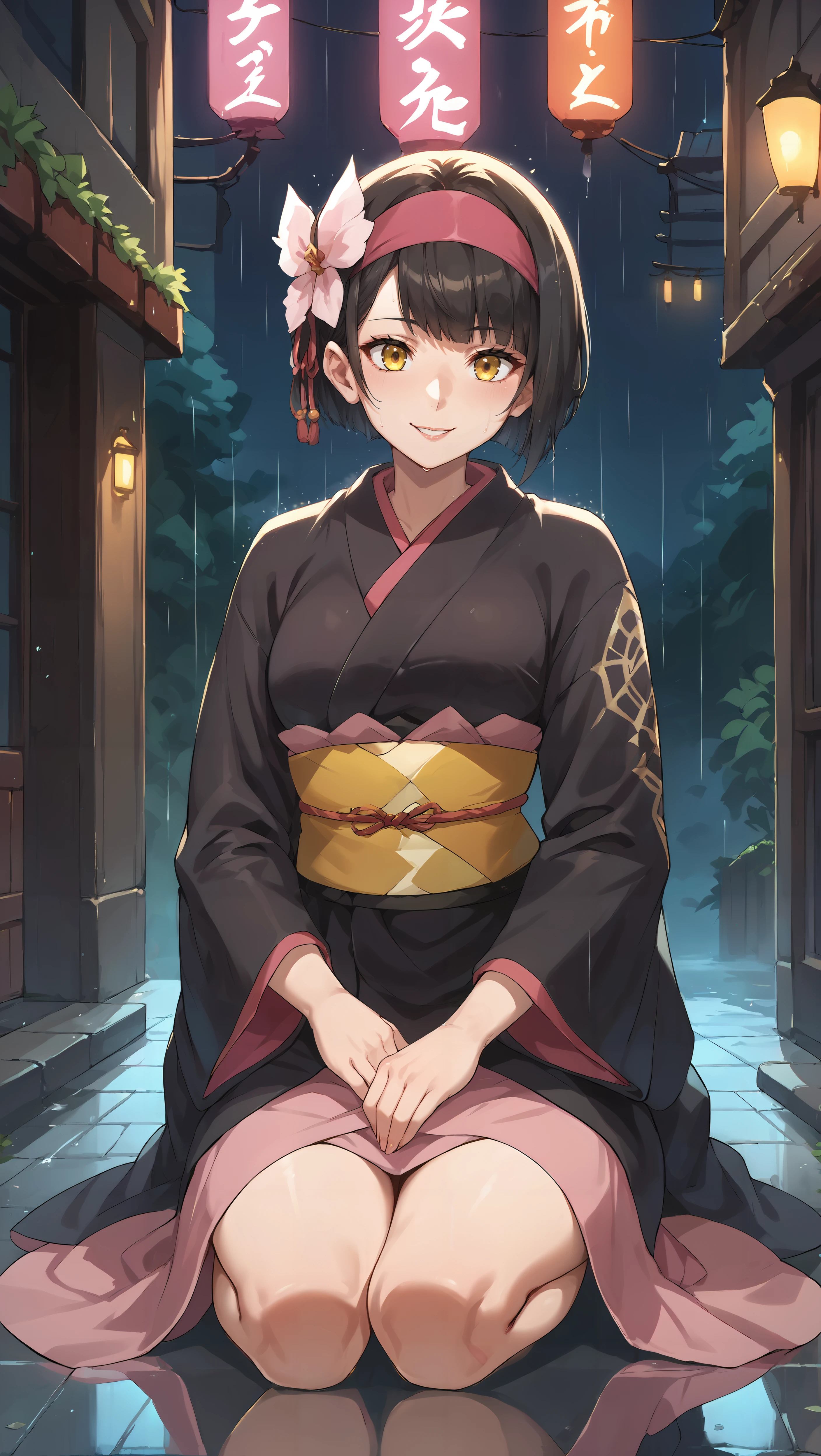 score_9,score_8_up,score_7_up,score_6_up, source_anime, zPDXL, <lora:Mio - Pony-000004:0.8>, woman, short black hair, pink headdress, yellow eyes, black kimono, yellow obi, <lora:Wakfu_CartoonV02:0.5>, <lora:xl_more_art-full_v1:0.5>, (sitting with her back arched), futuristic japanese architecture, neon lights, reflective floor, (raining), light smile,