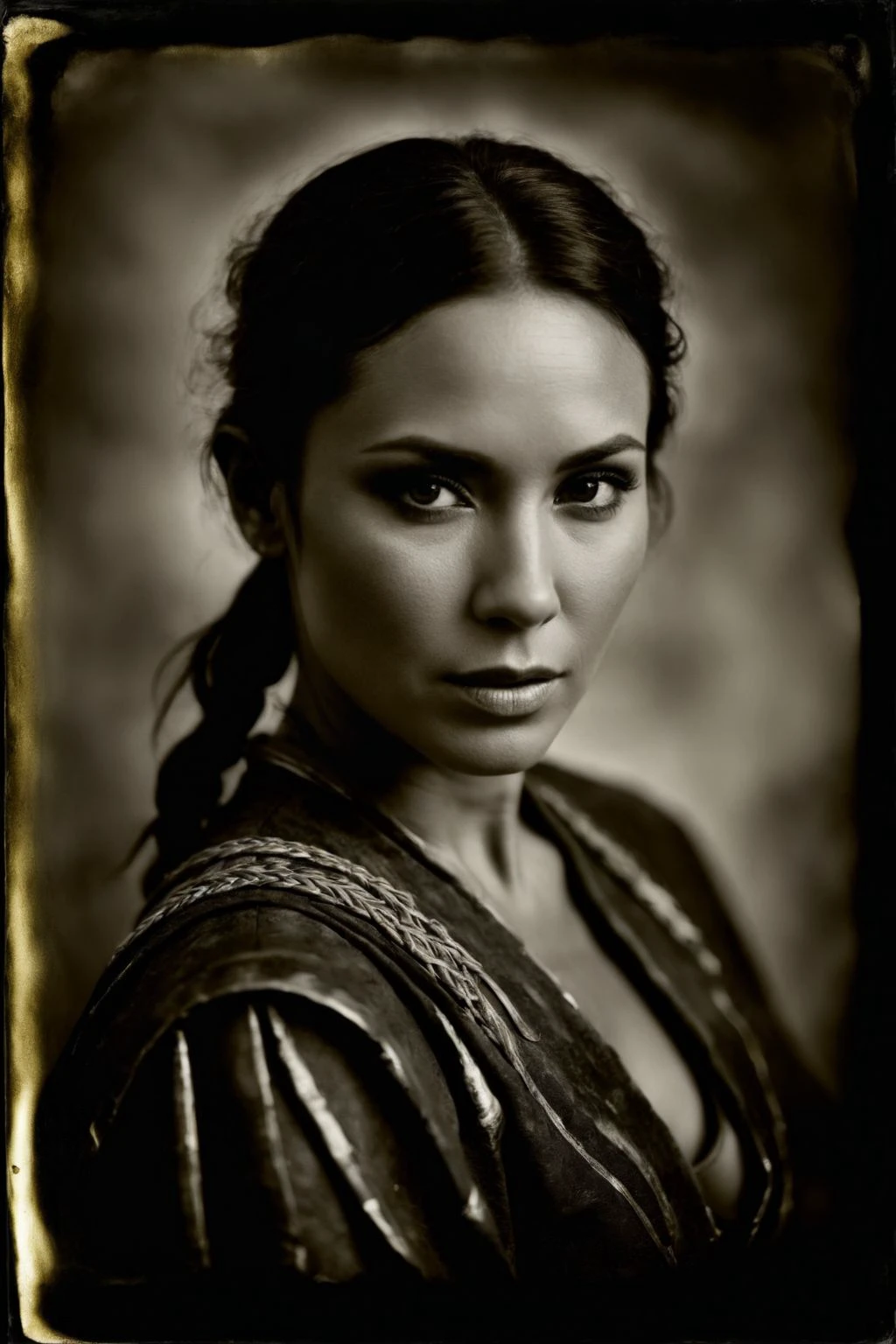 monochrome (wetplatecollodion:1.2),
a european woman wearing ancient warrior outfit,
elegant, elbows out, silhouette, nature,
selective focus, scratches
<lora:fix_hands:1>
<lora:Wet Plate Collodion_SDXLBase-000002:1>