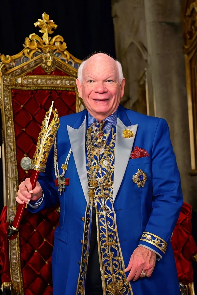 ben cardin <lora:senate_039_ben_cardin:0.65> , face closeup, face focus, shirt, formal, suit, collared shirt, white shirt, jacket,
Clad in a medieval jester outfit with bells on the hat, standing in a castle's throne room, holding a scepter with a funny face on top,
best quality, masterpiece, HDR, professional, studio quality, highres,