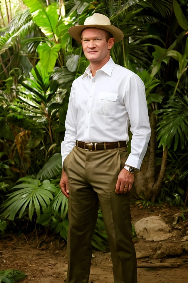 chris co(:0)ons <lora:senate_016_chris_c00ns:0.65>, face closeup, face focus, shirt, formal, suit, collared shirt, white shirt, jacket,
Wearing a safari outfit with pith helmet, standing in a jungle setting,
best quality, masterpiece, HDR, professional, studio quality, highres,