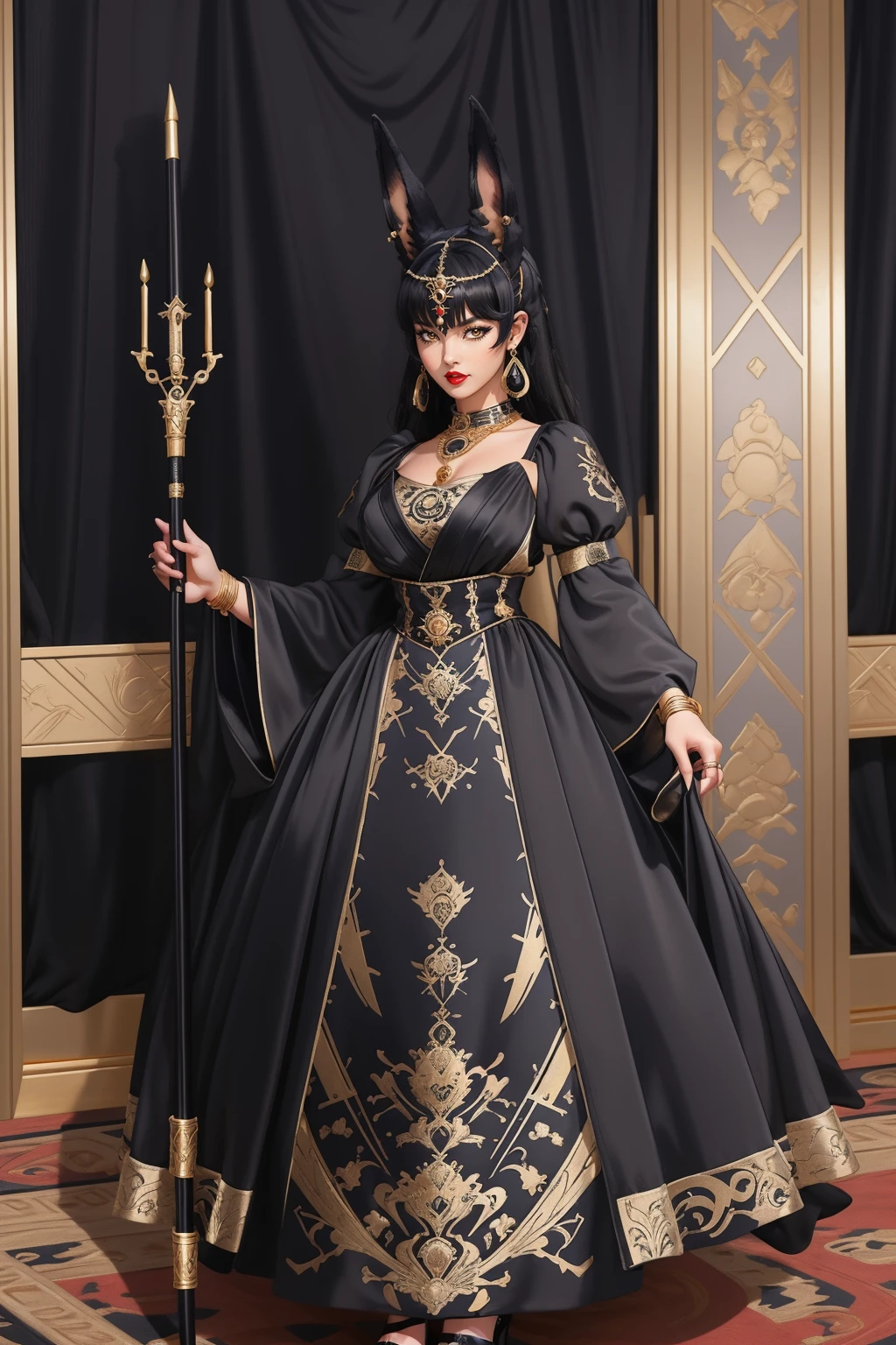 (macro shot:1.1), (battoujutsu_stance:1.1), (full body photo:1.3), adult woman, red lipstick, hud_anubis_drss, long dress, black dress with gold detail, ((black animal ears)), earrings, bracelets, necklace, gold headdress, long sleeves, puffy sleeves, high heels, staff, <lora:Anubis_Dresssd15-000008:0.7>, gold throne room