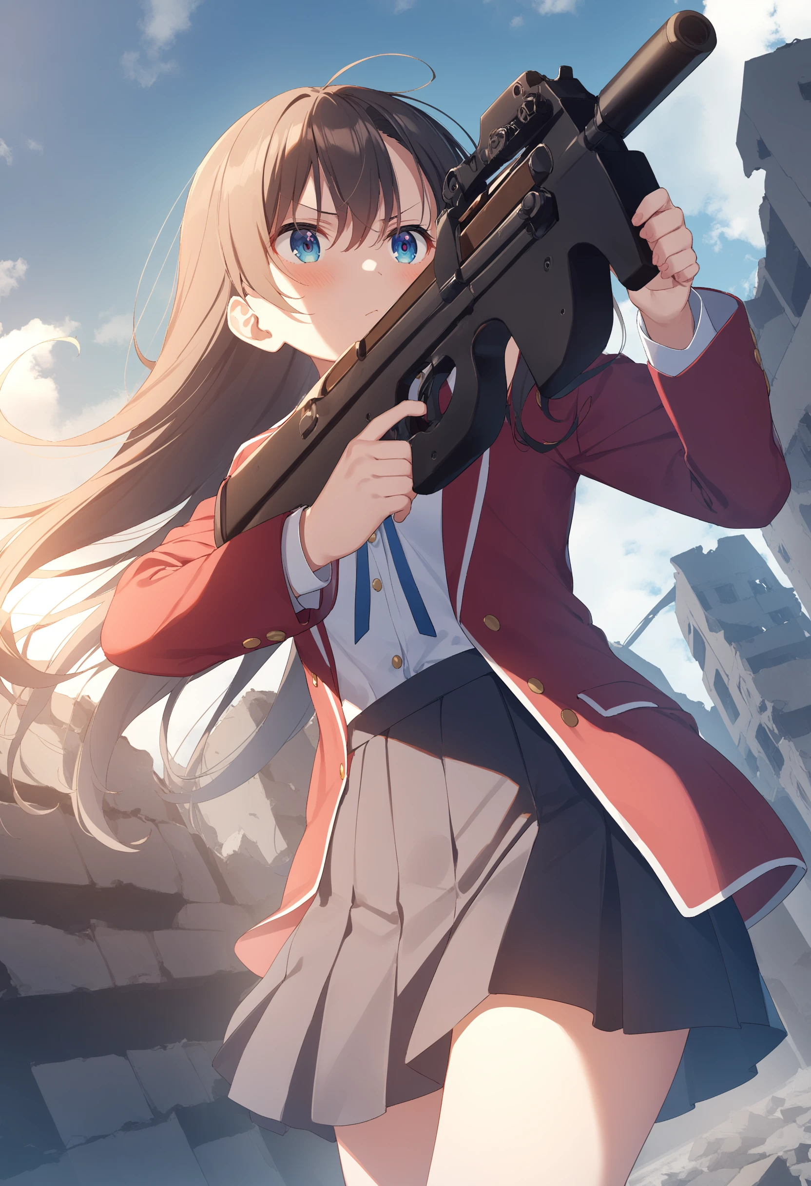 1girl,sincos, ningen mame, toosaka asagi,solo,medium breasts,school uniform,
P90, weapon, submachine gun, holding gun, aiming, <lora:P90_XL_v1:0.7>
dutch angle, cinematic angle, looking to the side, serious, ruins, closed mouth,
best quality, very aesthetic, absurdres,