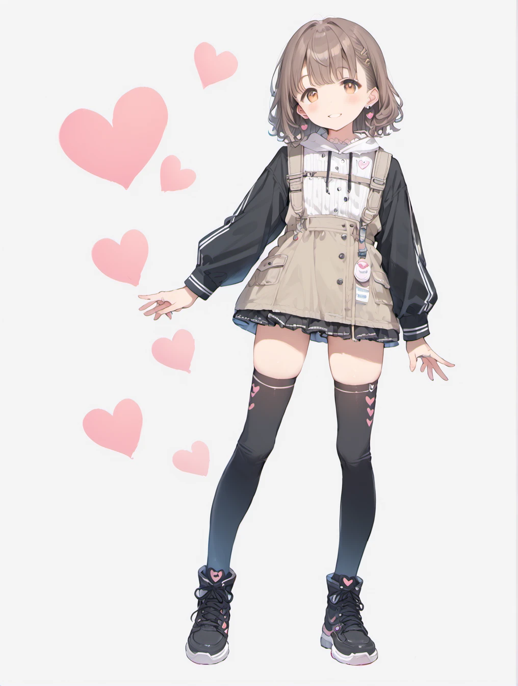 score_9, score_8_up, score_7_up,source_anime,BREAK uncensored,1girl,solo, black legwear, black footwear, boots, brown hair, earrings, full body, grey background, heart, heart background, jewelry, kneehighs, long sleeves, medium hair, parted lips, shoes, simple background, smile, sneakers, socks, standing, thigh boots, thighhighs,dynamic pose