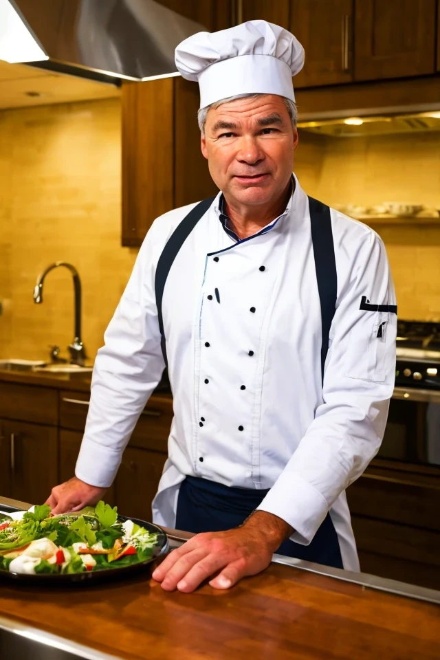 sheldon whitehouse <lora:senate_078_sheldon_whitehouse:0.65> , face closeup, face focus, shirt, formal, suit, collared shirt, white shirt, jacket,
wearing a chef hat and apron, with a kitchen in the background,
best quality, masterpiece, HDR, professional, studio quality, highres,