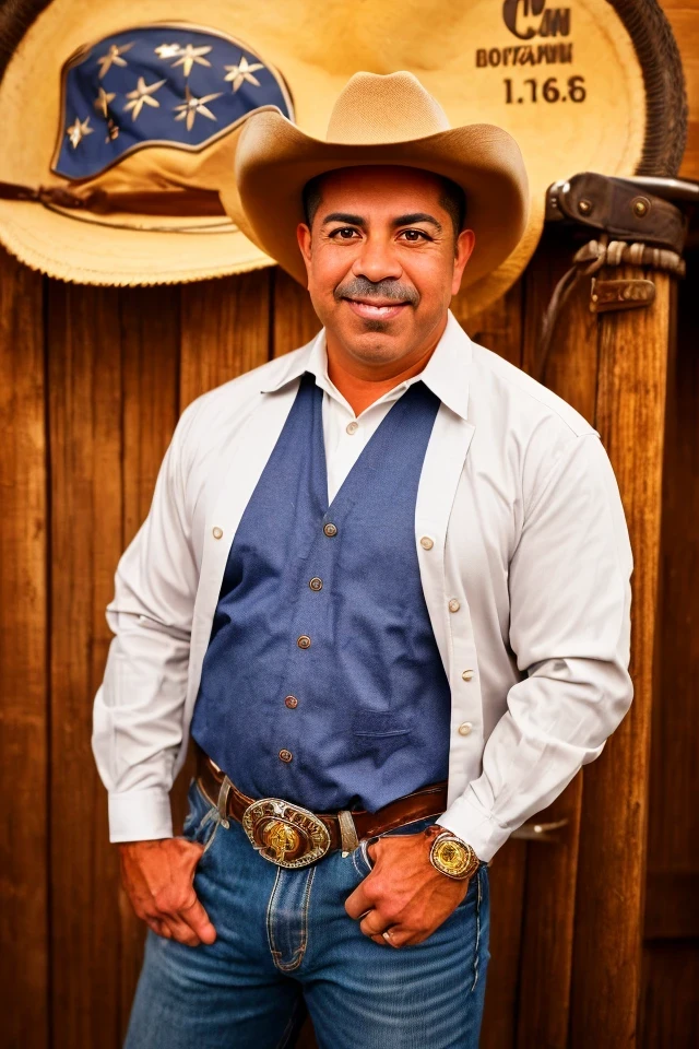 ben ray lujan <lora:senate_062_ben_ray_lujan:0.65> , face closeup, face focus, shirt, formal, suit, collared shirt, white shirt, jacket,
Dressed in cowboy attire with a ten-gallon hat and cowboy boots, standing in front of a Western saloon, lasso or branding iron,
best quality, masterpiece, HDR, professional, studio quality, highres,