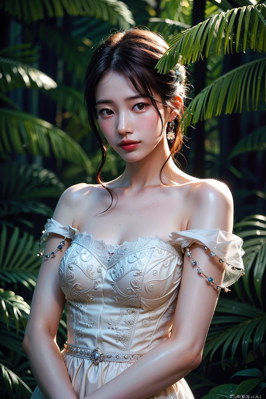 (realistic), (hyperrealism),best quality, masterpiece,ultra high res, (photorealistic:1.4),1girl,pale skin,skinny,(looking at viewer:2), <lora:add_detail:0.6>,forest, flowers, sunlight,
<lora:makina69_suzy_v1.0:1> , (tattered) wedding dress , bare shoulders, upper body,