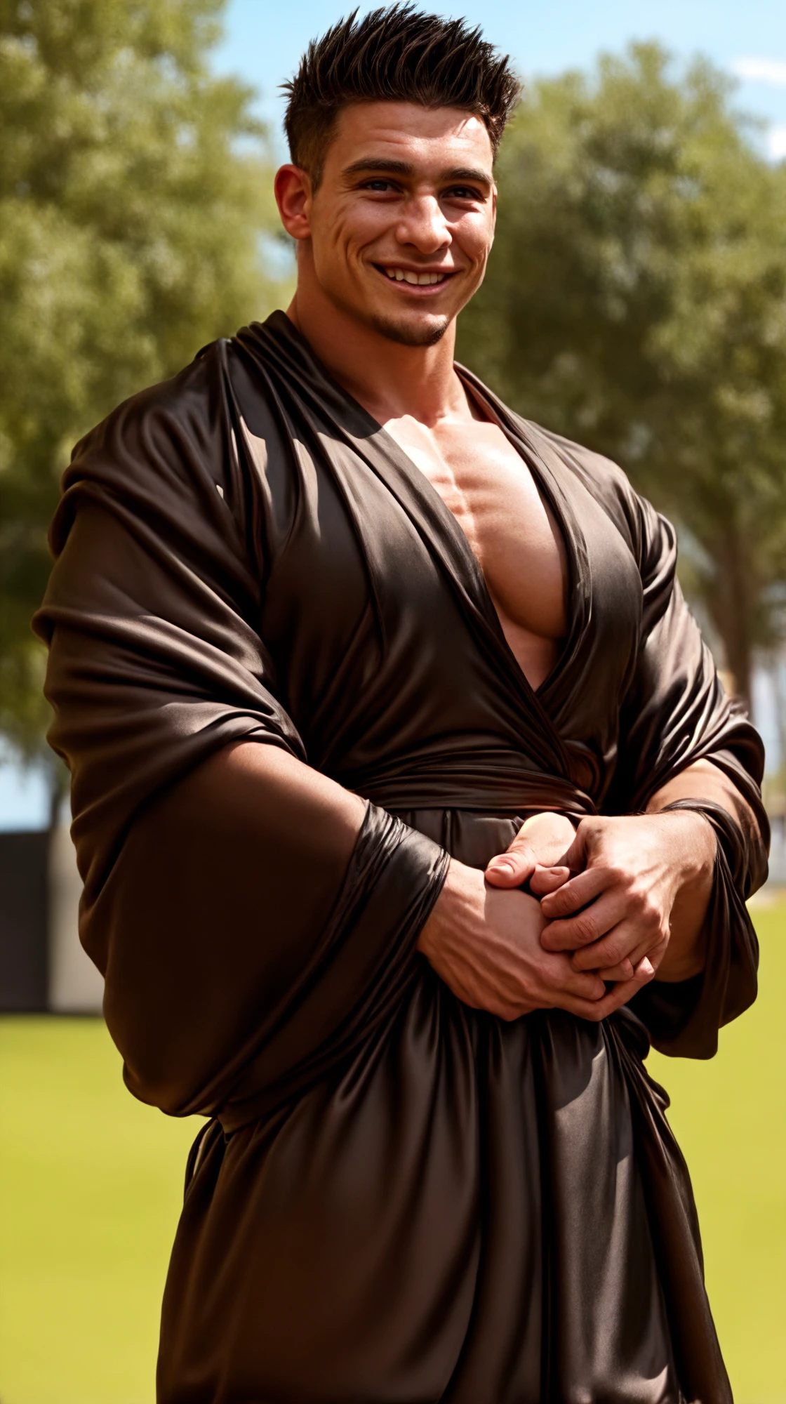 <lora:BulkedUpAIR1.5:0.15>, (face focus). (close up shot:0.9), (masculine:1.3), big muscles:0.15, (large strong physique:1.2) (large pecs:1.0), at outdoor sunny park, (muscular man wearing elaborate black silk fantasy robes:1.3), sexy pose:1.0, styled hair, confident, handsome, (((masterpiece))), (((best quality))), <lora:more_details:1.1>, (hands on waist), male, athletic, looking at viewer, (short hair), lower color saturation:1, lower contract color:1,smile, CFCain <lora:CFCain (1):1>