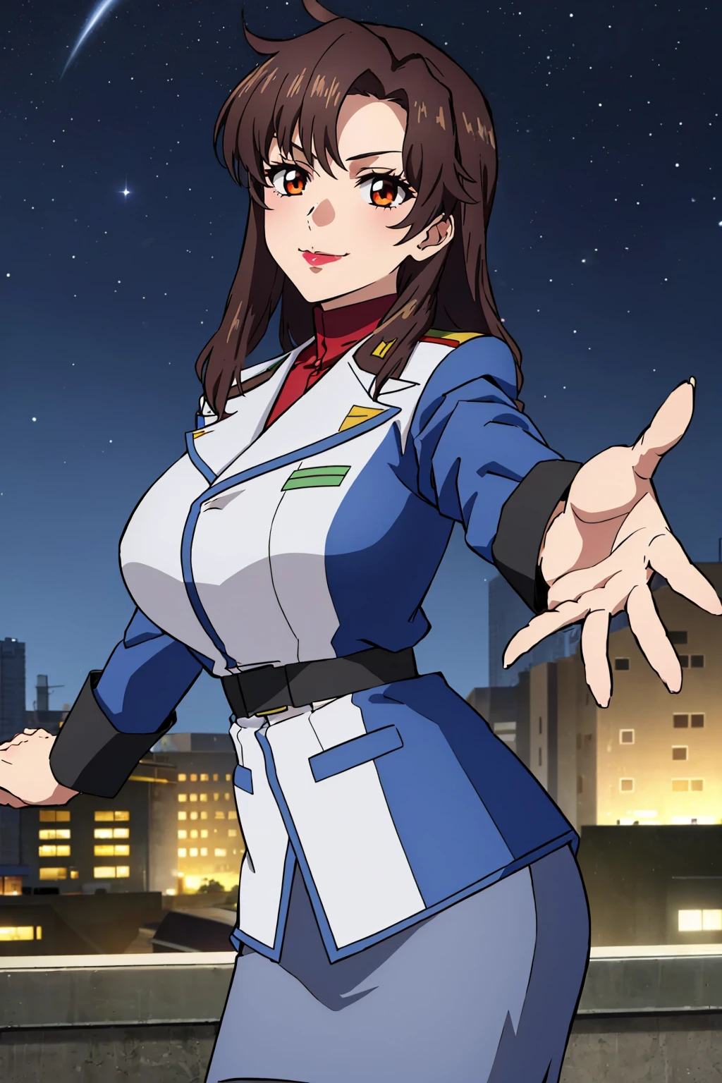 masterpiece, best quality, 1girl, <lora:murrueramius-nvwls-v1-000009:0.9> murrue ramius, white and blue jacket, blue sleeves, white skirt, pantyhose, large breasts, lipstick, outstretched arms, smirk, looking at viewer, night sky, city