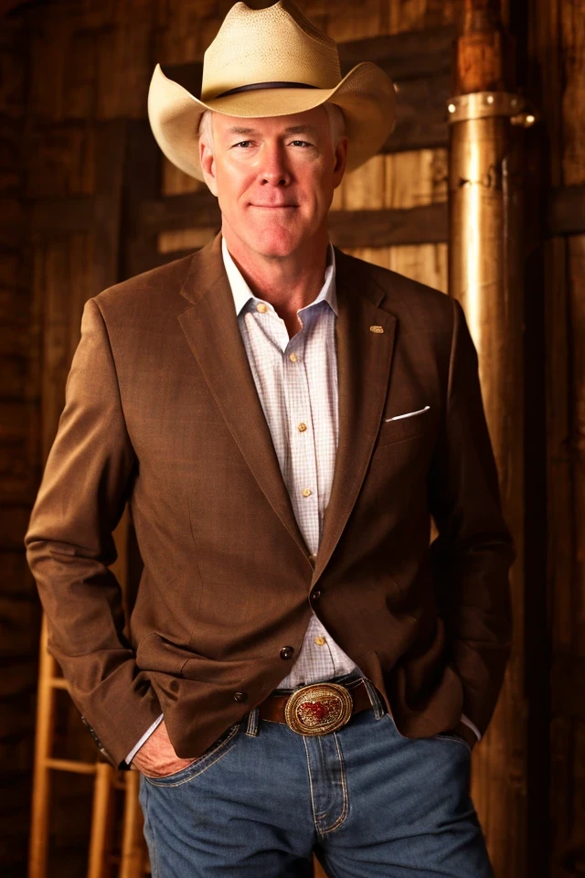 john cornyn <lora:senate_085_john_cornyn:0.65> , face closeup, face focus, shirt, formal, suit, collared shirt, white shirt, jacket,
Dressed in cowboy attire with a ten-gallon hat and cowboy boots, standing in front of a Western saloon, lasso or branding iron,
best quality, masterpiece, HDR, professional, studio quality, highres,