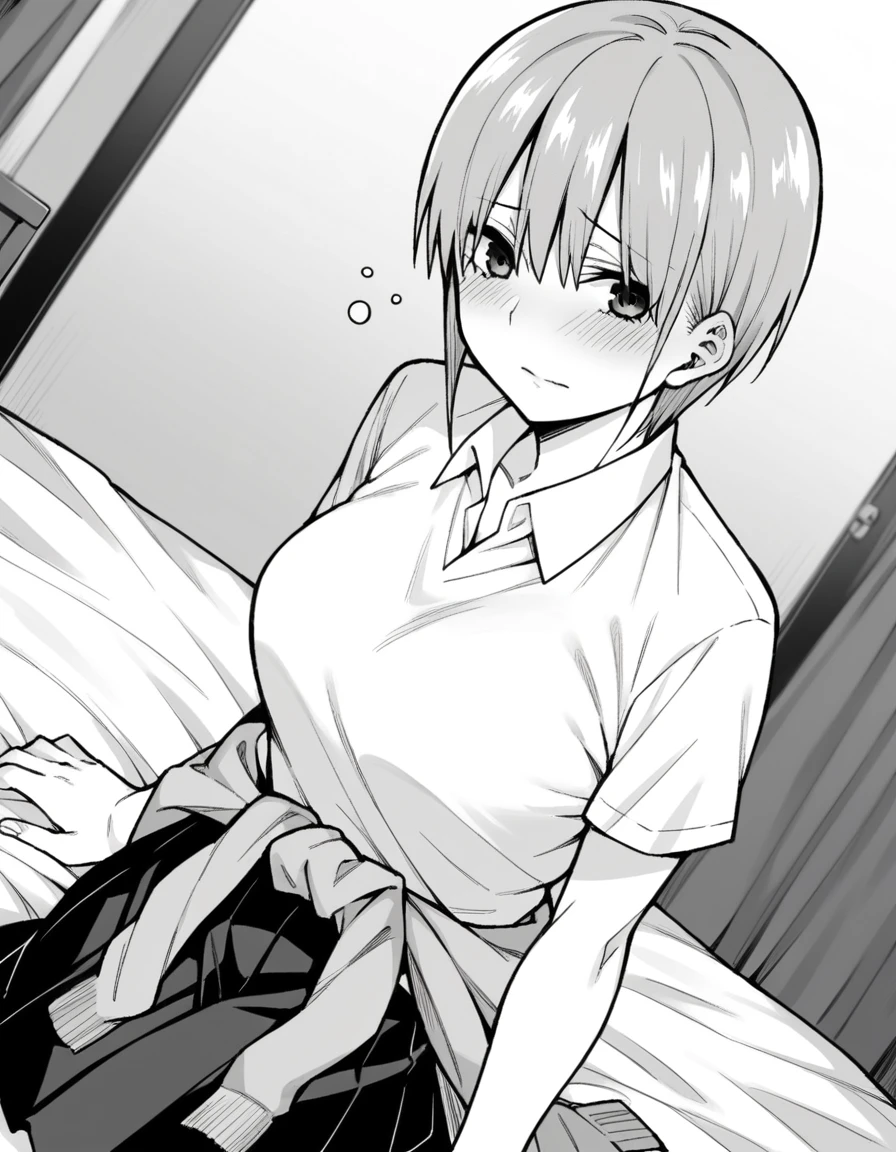 score_9, score_8_up, score_7_up, source_anime,
ichikanakano, <lora:ichika-nakano-manga-ponyxl-lora-nochekaiser:1>,
ichika nakano, short hair, bangs, hair between eyes, monochrome, greyscale,
skirt, shirt, school uniform, white shirt, short sleeves, pleated skirt, collared shirt, sweater, clothes around waist,
indoors, bed, bed room, on side, blush, drunk,
looking at viewer, cowboy shot, dutch angle, solo, mature female,