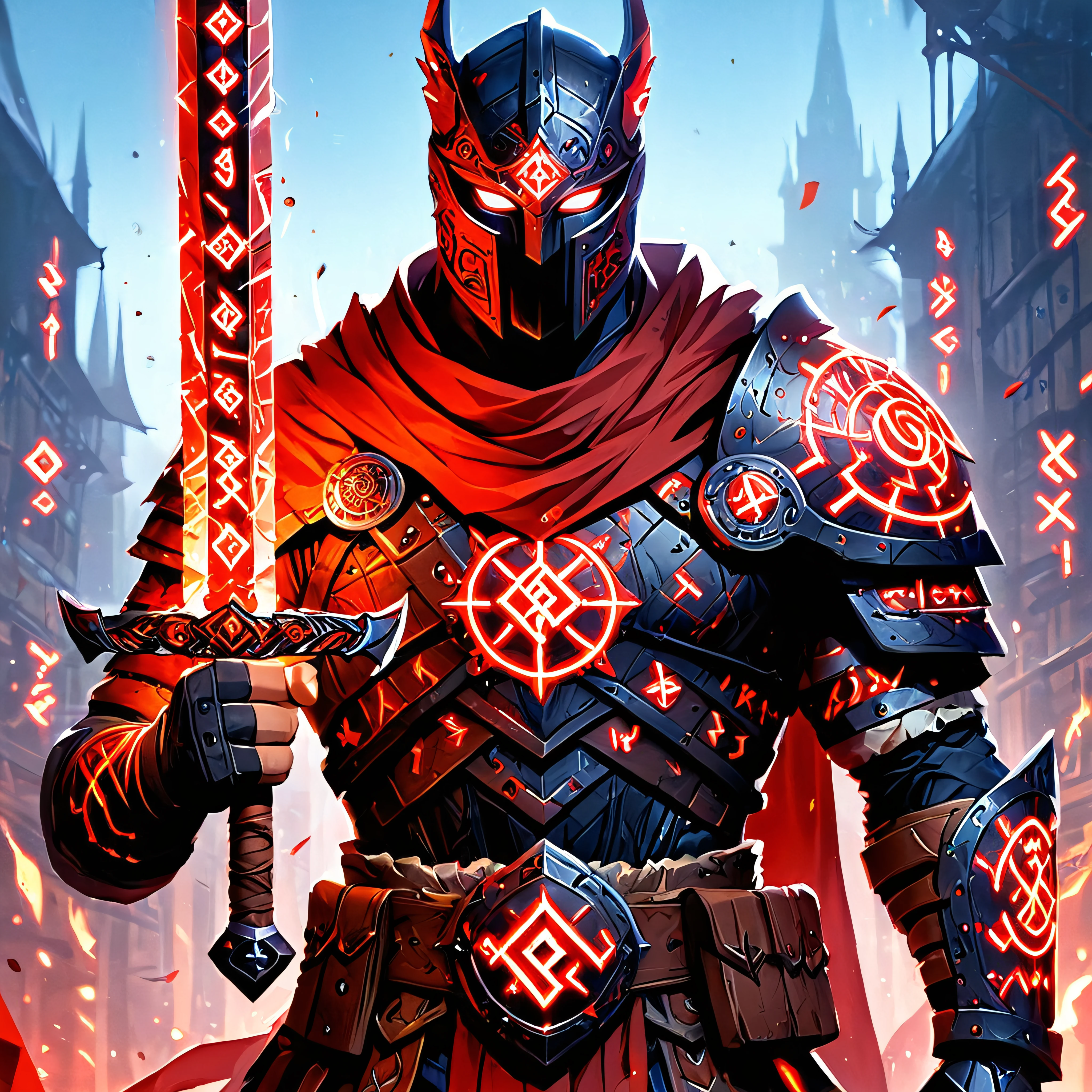 1man, flashfire glowing runes, holding a glowing sword, background city, red, Clear picture, high res, defined facial features, best mouth and teeth, realistic,